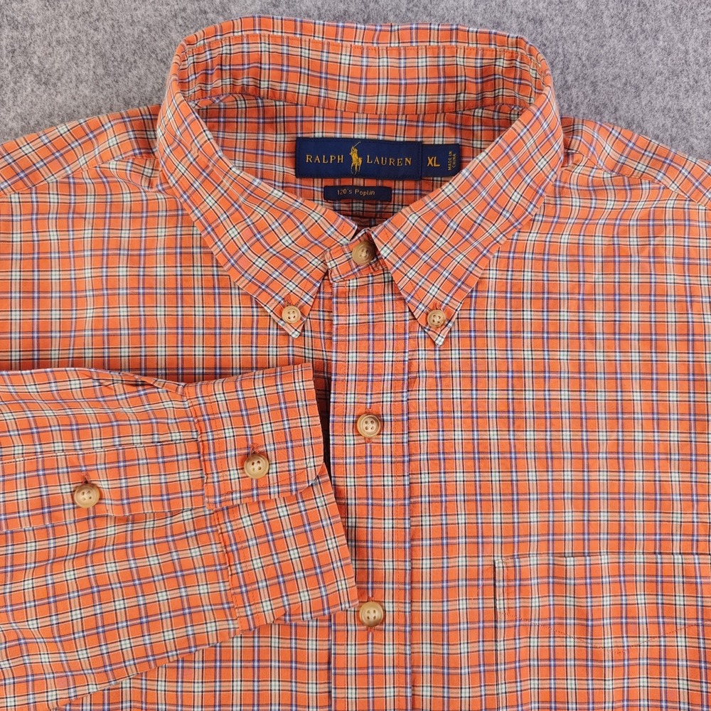 Ralph Lauren 120s Poplin Shirt Mens XL Orange Check Long Sleeve Button Down